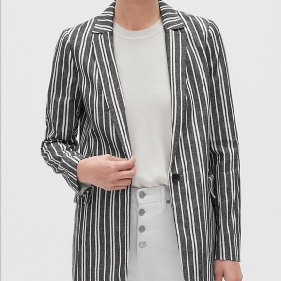 BANANA REPUBLIC Striped Linen Blend Single Button Blazer Women’s Sz 4 Gray White - Picture 1 of 10